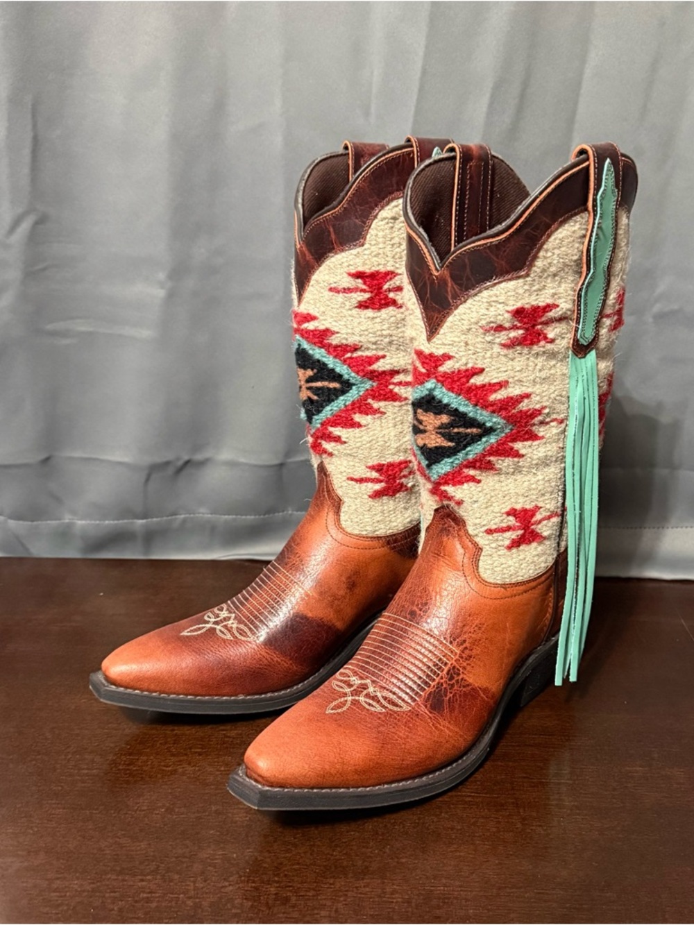 Southwestern Embroidered Leather Cowboy Boots with Turquoise Fringe